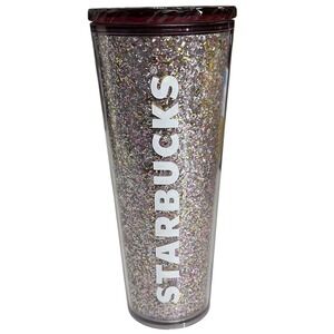 2024‎ STARBUCKS Pink & Silver Glitter Cold Cup Tumbler 24 oz with Lid NO STRAW